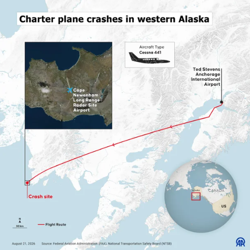 A map shows where a charter aircraft crashed near a remote radar site in western Alaska