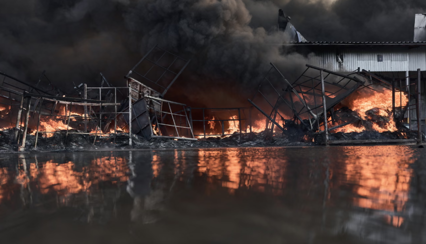 Smoke rises from a fire at a large warehouse storing car tires and wheels after a Russian strike in the Bucha district in the Kyiv region.