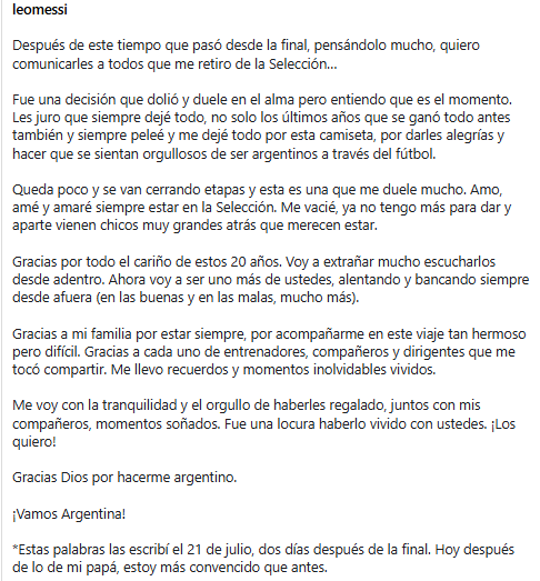 Lionel Messi Says Goodbye to Argentina