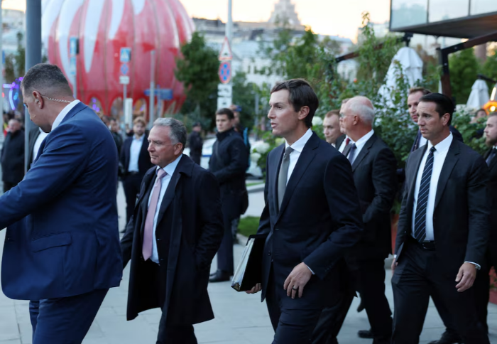 U.S. Special Envoy Steve Witkoff, U.S. President Donald Trump's son-in-law, Jared Kushner, and Russian presidential envoy Kirill Dmitriev leave a restaurant in central Moscow