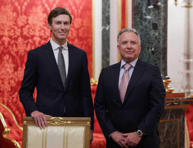 ared Kushner, U.S. President Donald Trump's son-in-law, and U.S. Special Envoy Steve Witkoff wait before a meeting with Russian President Vladimir Putin at the Kremlin in Moscow, Russia