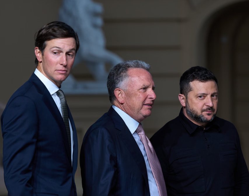 US envoys (from left) Jared Kushner and Steve Witkoff with Volodymyr Zelenskyy in Kyiv. 