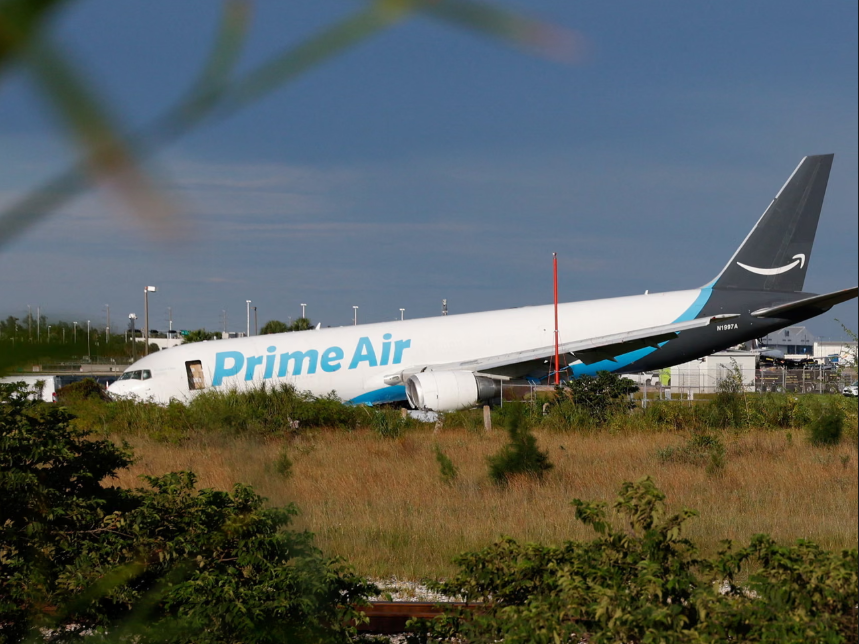 A view of an Amazon Prime Air cargo plane that overran a runway at Miami international airport, in Miami, Florida, on Sunday