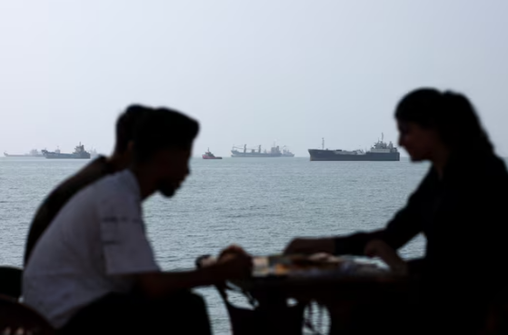 Vessels in the Strait of Hormuz near the beach of Bandar Abbas, Iran,